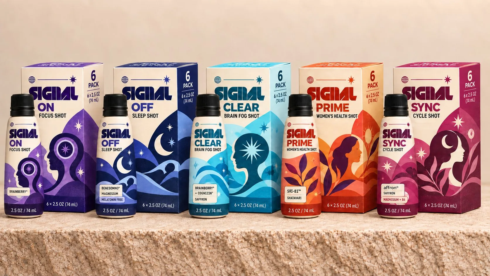 The five SIGNAL shots with their six-pack boxes